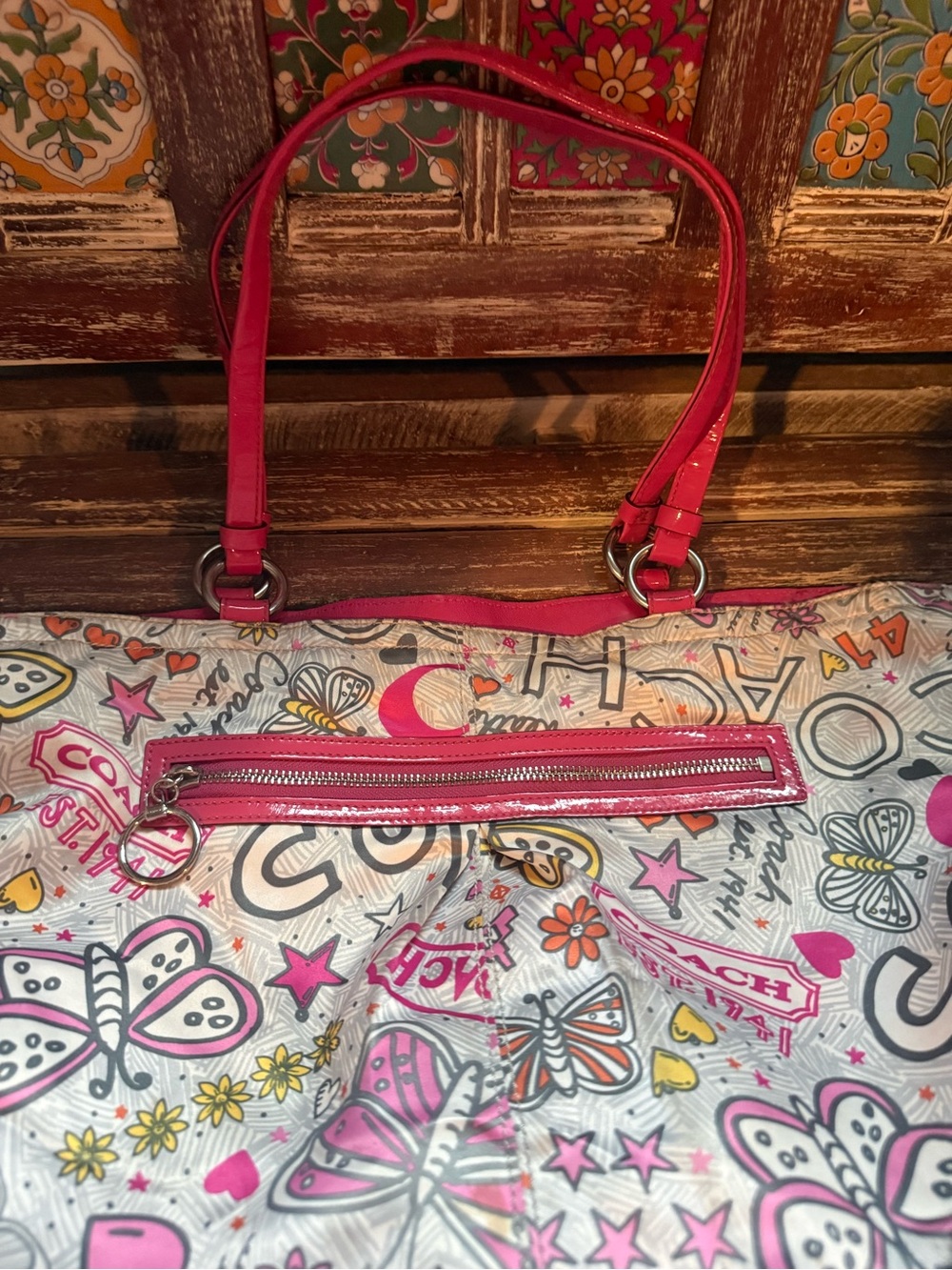 Y2K Coach Pink Butterfly Graphic Tote with Hot Pink Handles